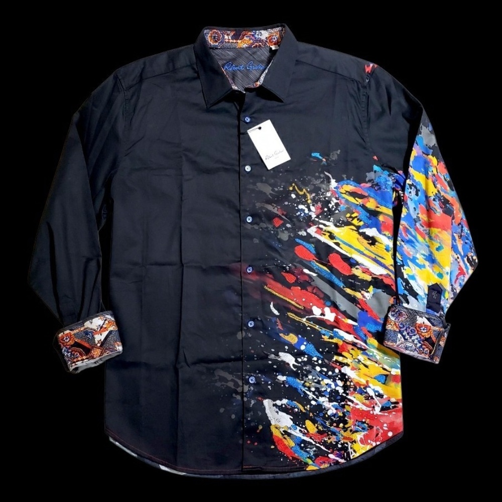 NEW Robert Graham Embroidered Vibrant Paint Splash Large Multicolor Sport Shirt